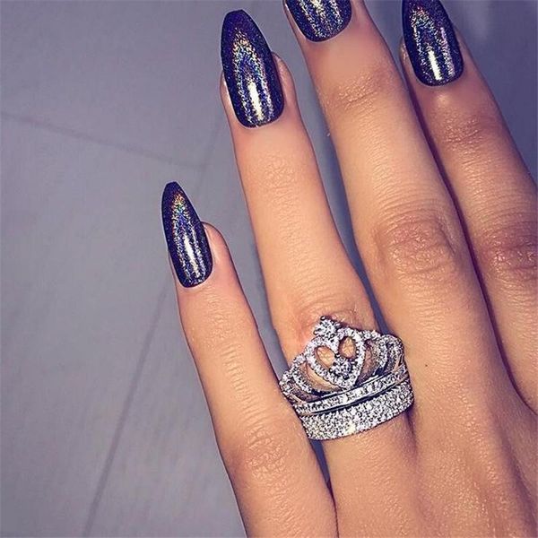 

classical jewelry unique brand new real 925 sterling silver crown ring pave white sapphire cz diamond party eternity wedding band ring gift, Slivery;golden
