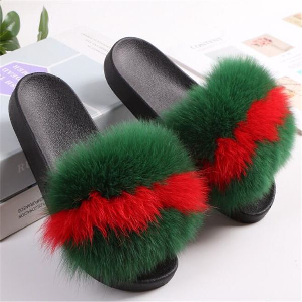 

wholesale women's winter plush sandals real fox fur slippers woman fur slides fluffy furry home shoes ladies fur flip flops 45, Black