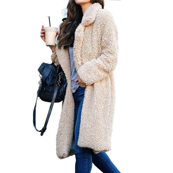 

winter plush lapel neck women long coats fashion cardigan wool coats casual solid color women outerwear, Black
