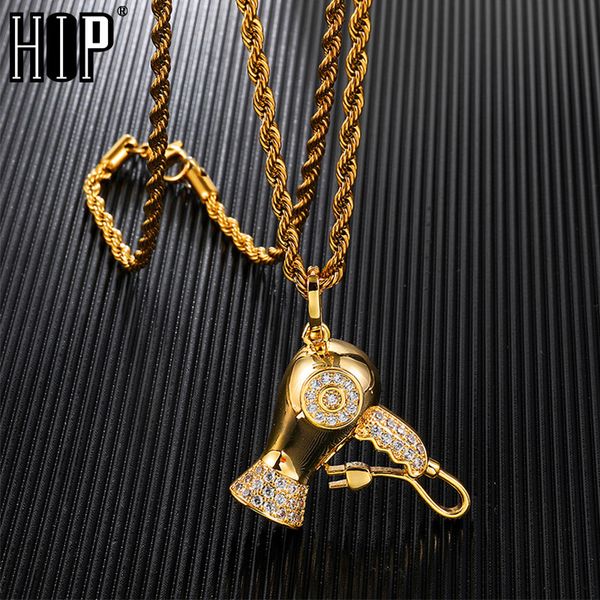 

hip hop bling iced out cubic zircon hair dryer pendants & necklaces copper necklace for men jewelry with tennis chain, Silver