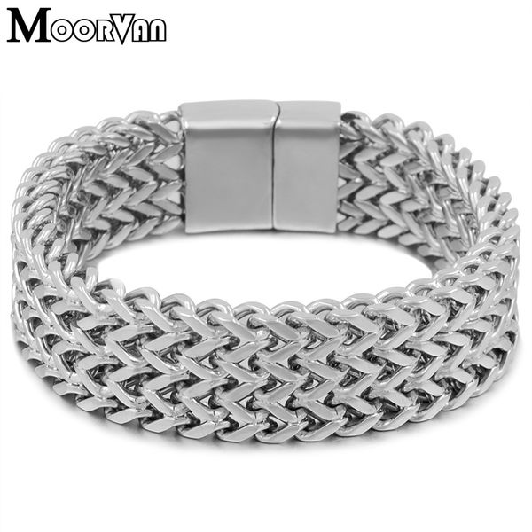 

moorvan mens stainless steel new-fashion chain bracelet flat heavy 19mm wide jewelry birthday for dad,her boyfriend present, Golden;silver