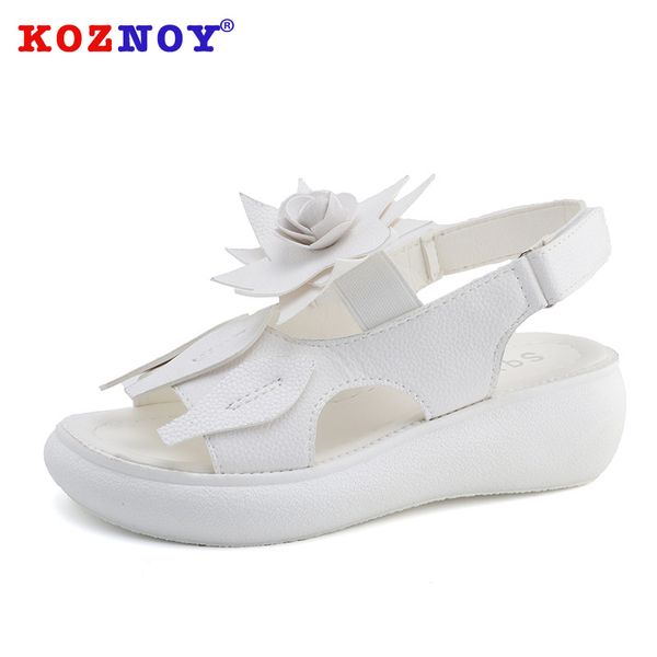 

koznoy women 2020 sandals summer slip on fashion flat bottom hook loop solid thick bottom flower causal women breathable sandals, Black