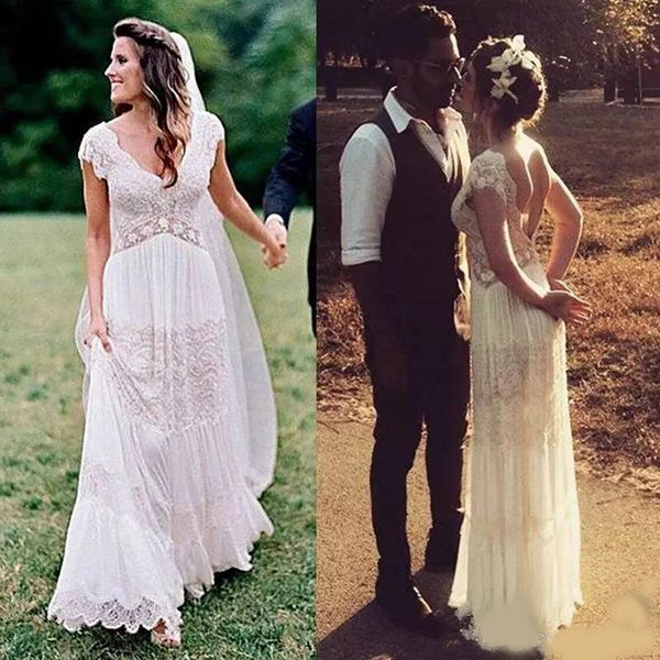 

2020 vintage boho lace wedding dresses v neck bohemian bridal gowns a line floor length backless country wedding dress custom made, White