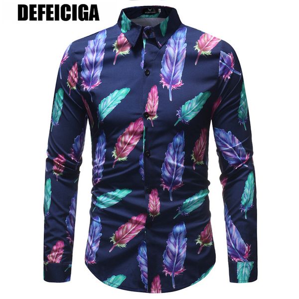 

new men's long sleeve casual shirt fashion feather printed floral shirt turn-down collar slim fit for mens clothing, White;black