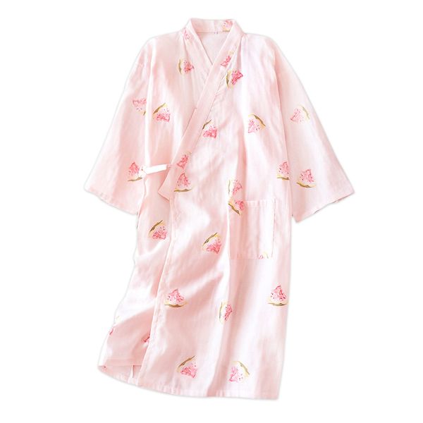 

fresh watermelon kimono robes women 100% gauze cotton sweet long sleeve robe cozy japanese summer kimono bathrobes women, Black;red