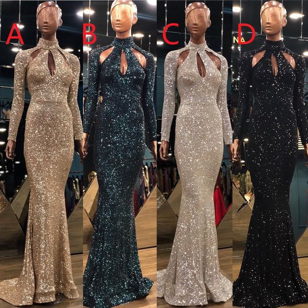 

Elegant Gold Mermaid Evening Formal Dresses 2019 Long Sleeve Sequined Feather Prom Dress Plus Size Evening Gowns Evening Wear robe de soiree