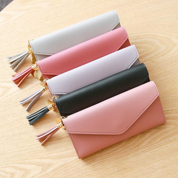 

new fashion womens ladies pu leather tassel envelope wallet long clutch wallets hand bag5366#, Red;black