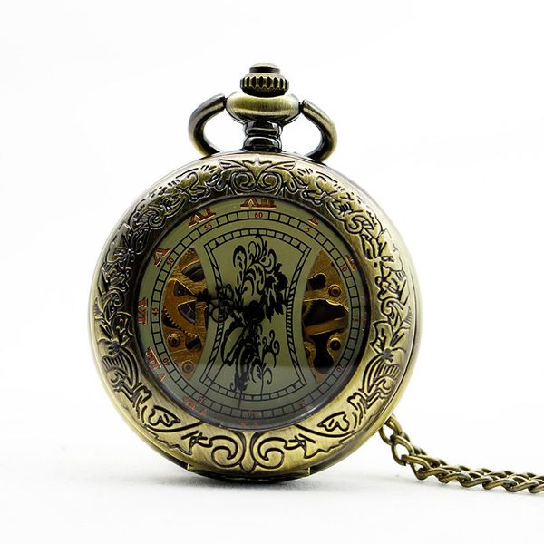 

bronze pocket watch 6 pieces skeleton mechanical hand wind fob watch roman numerals vintage watches pendant unisex, Slivery;golden