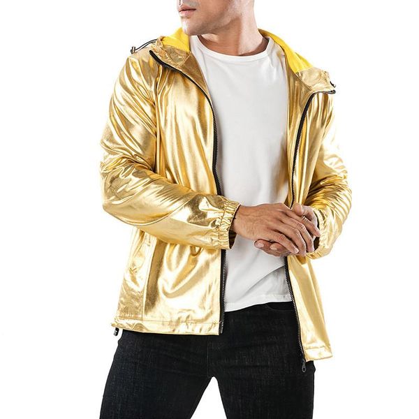 

designer mens jacket fashion gold solid color zipper fly jacket high street casual teenager hooded jacket, Black;brown