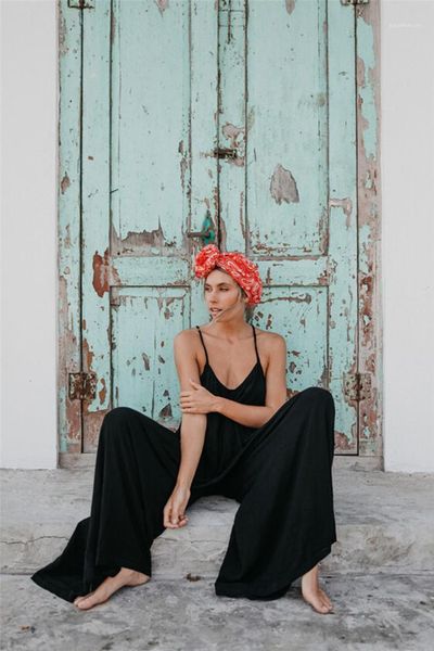 

blackless v-neck full length rompers casual natural color sleeveless jumpsuits womens clothing womens designer loose jumpsuits sexy, Black;white