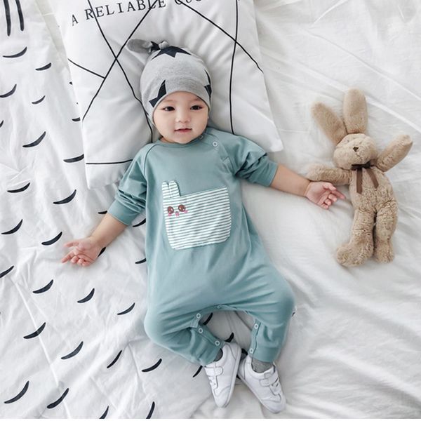

2020 autumn infant cartoon striped rabbit romper childrens solid color outing clothes 0-1 years old jumpsuit, Blue