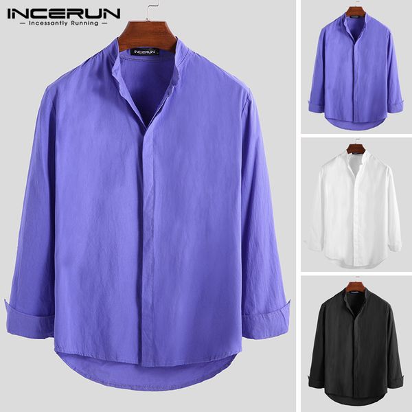 

incerun stylish long sleeve dress shirt men plain cotton stand collar slim fit brand shirt business camisa streetwear 2019, White;black