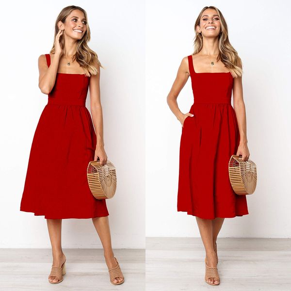 

new women's holiday strap a-line sleeveless backless dress ladies summer beach midi swing party sun dress mid-calf solid dresses, Black;gray