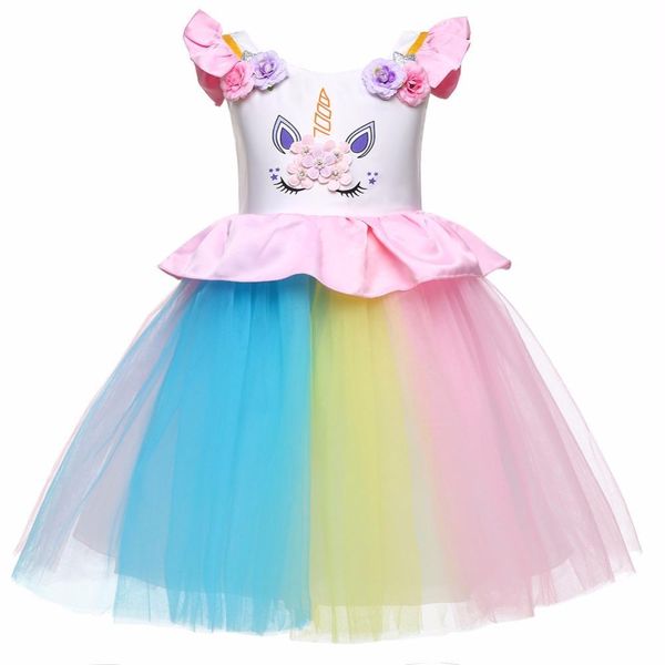 

baby girls christmas unicorn dress new children unicorn printing cosplay princess flower bowknot party tutu dresses, Red;yellow