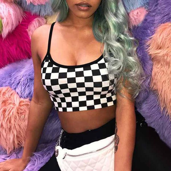 

rosetic шахматная доска плед печати майка женщины сексуальная растениеводство топы черный белый готический клуб камзол спинки короткие майки, White