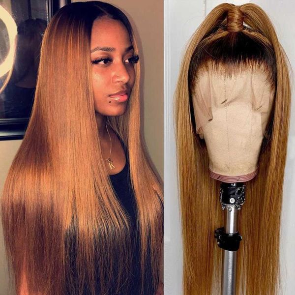 

straight 360 lace frontal human hair wig pre plucked brazilian remy 1b/27 ombre colored swiss lace wig for black women atina, Black;brown