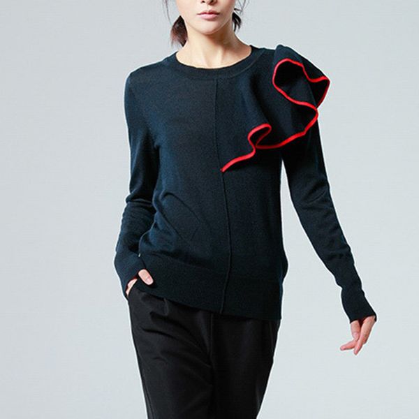 

женские дизайнерские смешанные осенние свободные большой размер контраст взъерошенный темперамент элегантный пуловер sweater9mft, Black;brown