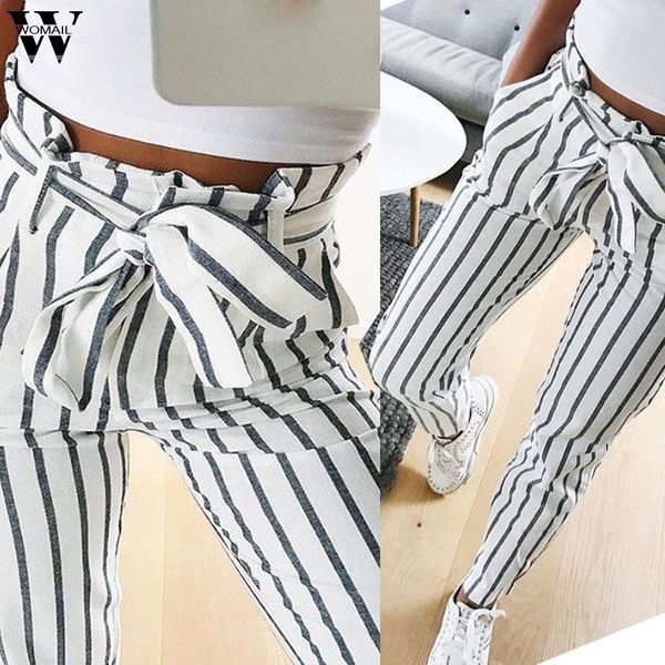 

womail womens pants skinny women striped long jeans tie high waist ladies pants trouser women pants 2019 s-2xl, Black;white