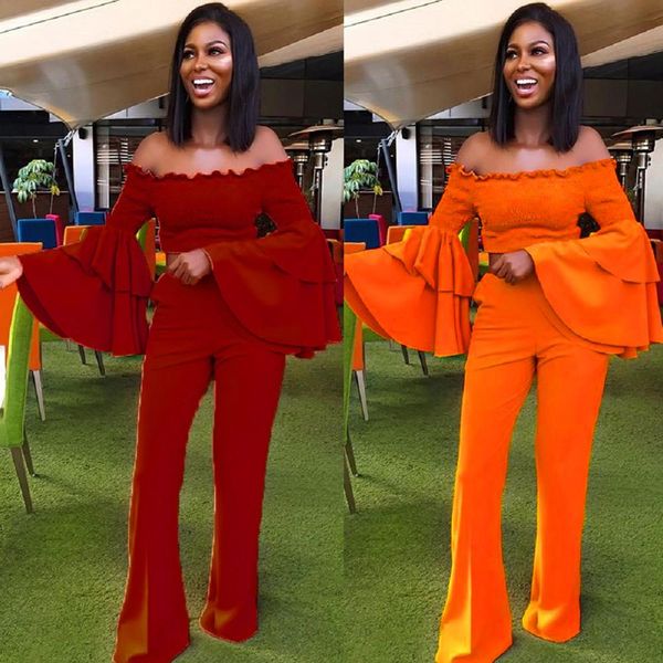 

casual outfits tracksuit women ruffles ruched slash neck flare pants elegant two piece set ensemble femme dos piezas, White