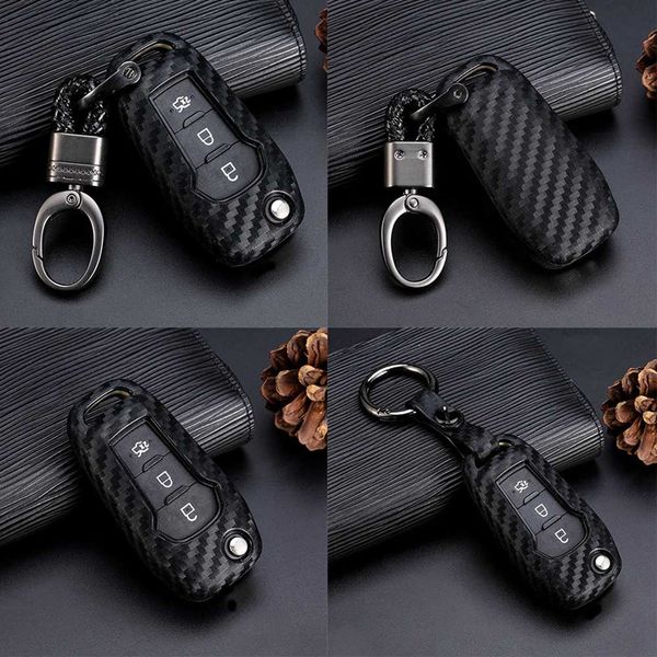 

1pcs carbon fiber pattern silicone car key case flip key cover keychain for mondeo explorer f150 f-250 f-350 f-450 f-550