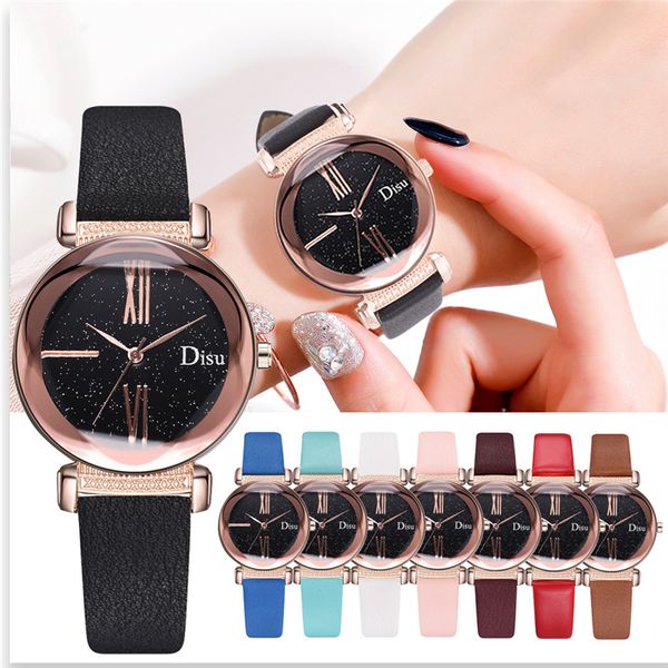 

luxurious ladies quartz wristwatches starry sky women watch leather strap belt ladies simulate watch bracelet dropshipping, Slivery;brown