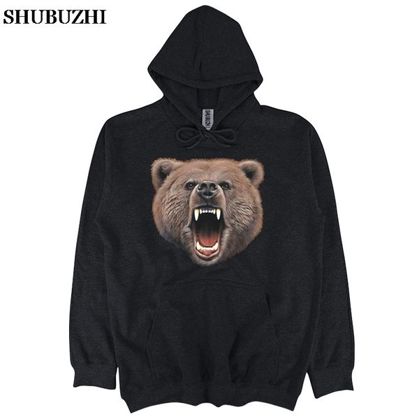 

mens thick clothes winter sweatshirts bear bite pullover big animal head face evil grizzly bad mens hip hop streetwear, Black