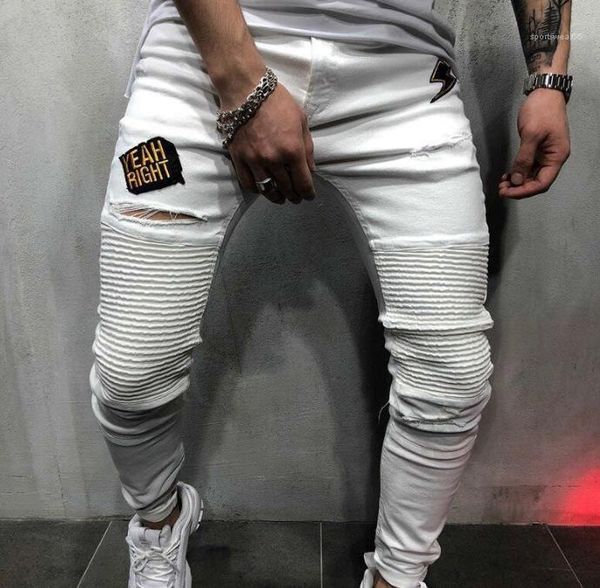 

fashion hole letter mens jeans embroidered skinny casual mens jeans solid color summer new mens pencil pants, Blue