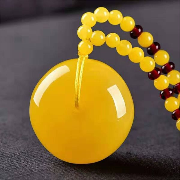 

genuine yellow natural amber gemstone pendant woman lady crystal round donut bead natural amber pendant necklace, Silver