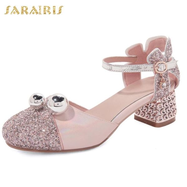 

sarairis 2020 new design metal decoration summer sandals woman dropship buckle strap chunky heels bling shoes women sandals, Black