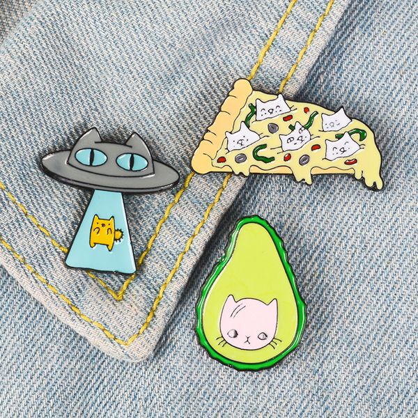 

funny kawaii cat enamel pin ufo avocado badge brooch pizza food fruit kitty brooches lapel pins cartoon animal pinbacks brooch, Gray