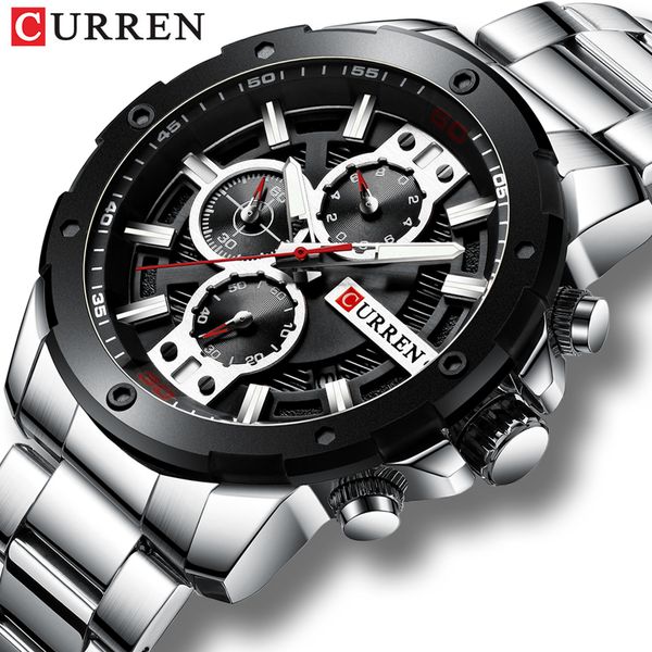 

curren men watch stainless steel business clock chronograph army sports quartz male watches relogio masculino, Slivery;brown