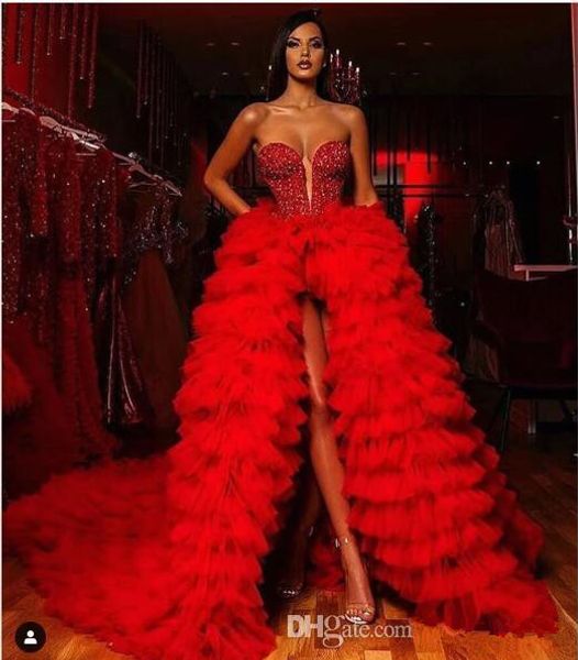 

красный милая блестки бусины top bling высокие расколоть линия платья выпускного вечера 2020 тюль многоуровневая оборками развертки поезд ве, Black