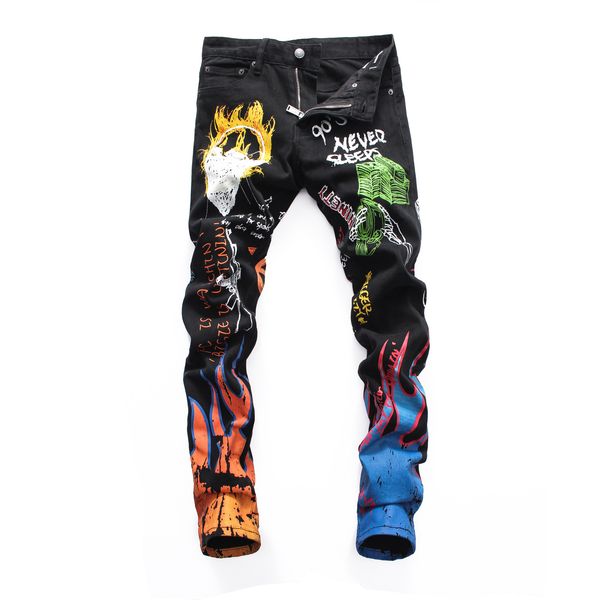 

mens jeans nightclub graffiti d2 slim elastic jeans casual fashion flame skull printing pencil pants zipper denim jeans, Blue