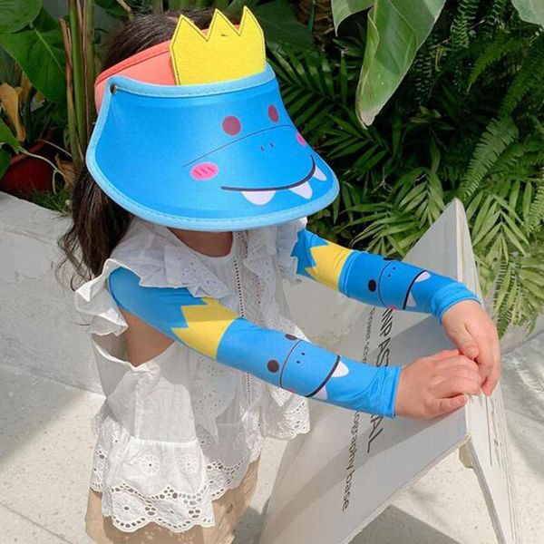 

new fashion child summer sleeve suit beach sun hat children clothing straw hat set of children sun protection hats hand sleeves, Blue;gray