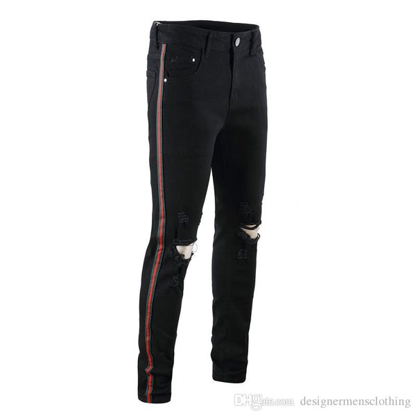

горячие мужчины дизайнерские hole черные джинсы green red ribbon натяжные мужские джинсы мода мужские брюки карандаш, Blue