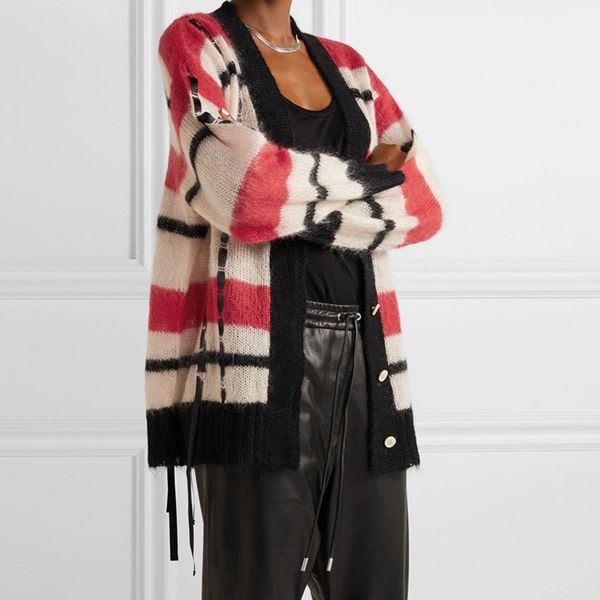 

brand designer women wool sweater cardigans 2019 autumn winter runway style v neck striped tassel oversized coats knits casual knitwear, White;black