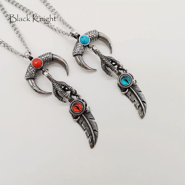 

black knight stainless steel devil eye eagle claw feather pendant necklace blue stone animal beast teeth necklace men blkn0763, Silver