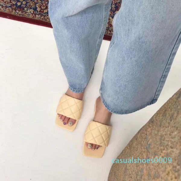 

square toe women flats slippers slip on sewing design shallow slip on flats beach shoes fashion summer flip flops mules slippers c09, Black