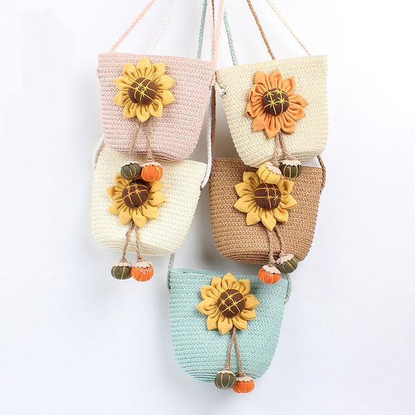 

2020 new sunflower children straw coin purse girls good birthday gift children inclined shoulder bag little princess zipper bag, White