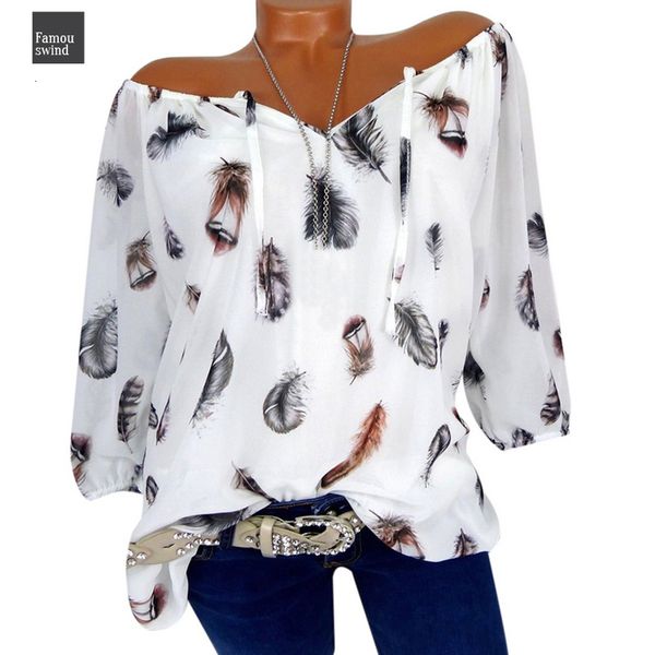 

laamei с длинным рукавом блуза перо печати узелок v шеи плеча плюс размер мода печати половина рукав рубашки дамы, White