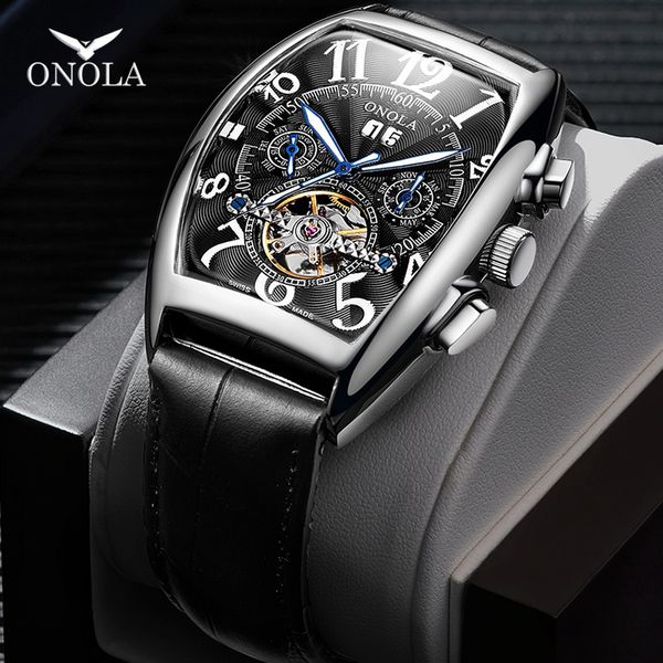 

onola brand automatic mechanical men watch 2019 fashion business wristwatch unique leather belt high grade gift watch men box, Slivery;brown