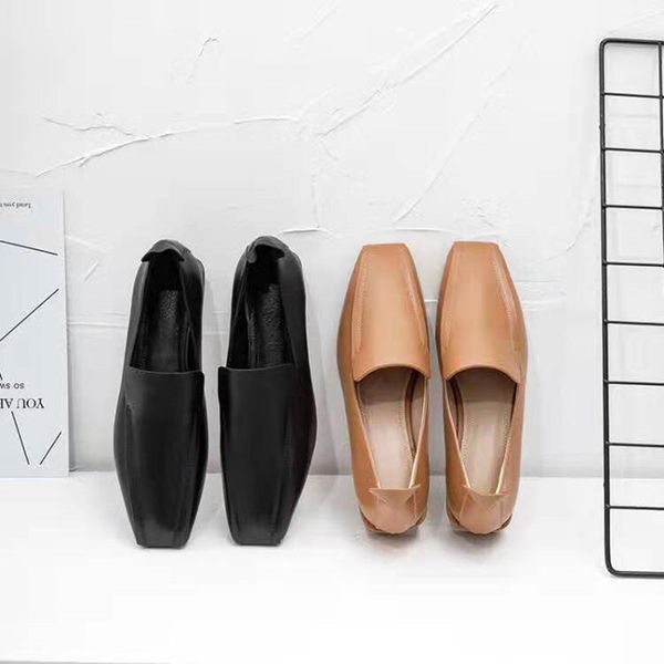 

2019 women flats cow leather soft flats yellow color square toe spring autumn comfortable casual flats shoes party dress, Black