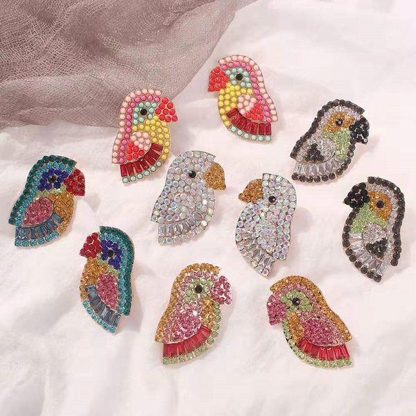

colorful iced out parrot stud earrings for women luxury designer bling diamond parrots ear studs bird red rhinestone jewelry gift 5 colors, Golden;silver