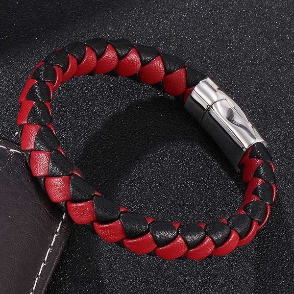 

black red braided leather bracelet stainless steel magnetic clasp men women bangles fashion wrist band gifts, Golden;silver