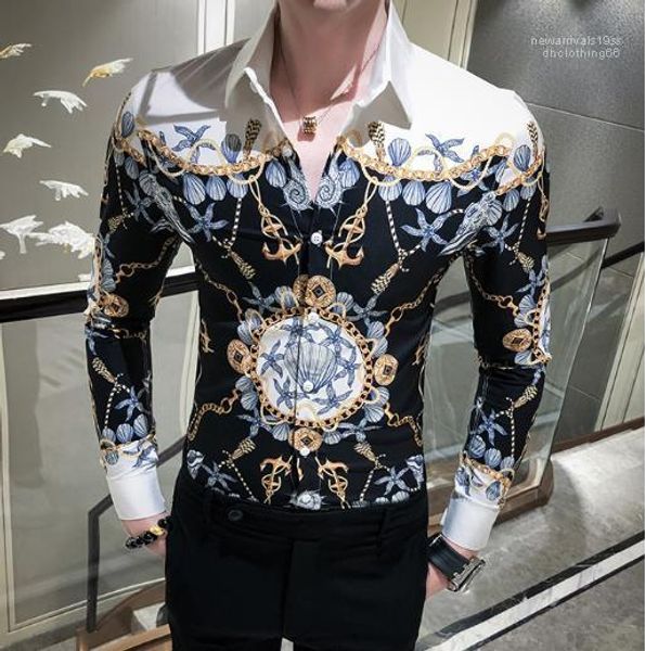 

mens dress shirts fashion designer floral printed long sleeve lapel neck homme clothing slim fit tshirt luxury, White;black
