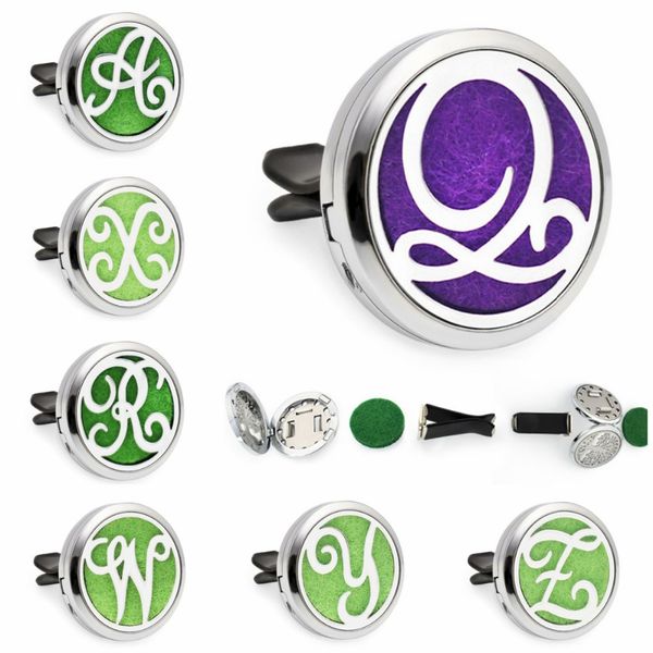 

english letters a-z 30mm removable car diffuser locket vent clip freshener essential oil perfume locket 10pcs pads, Silver