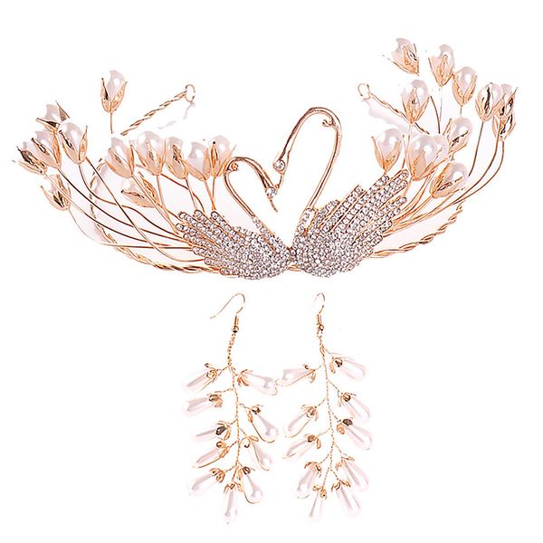 

vintage gold swan pearl handmade women tiara and crowns earring set wedding bridal diadem headpiece hair jewelry accessories jl, Golden;white