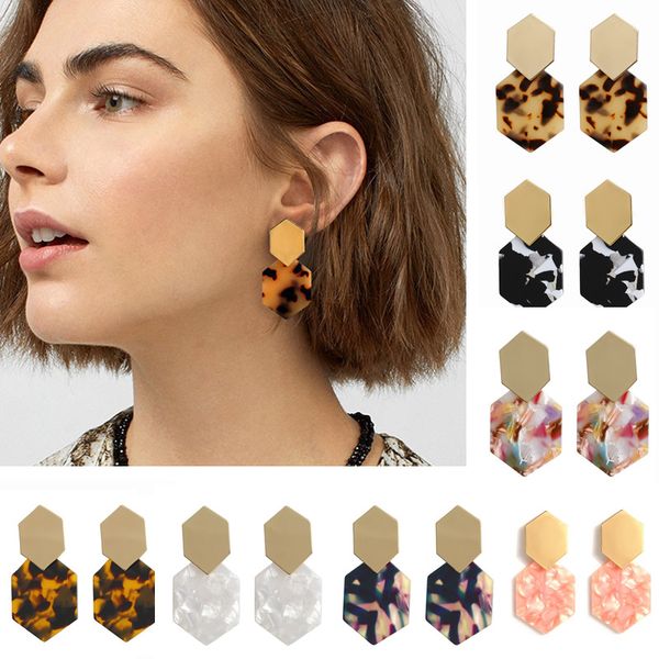 

7 colors new geometric acrylic charm earrings for women bohemian simple hexagonal diamond metal earring studs fashion jewelry accessories, Golden