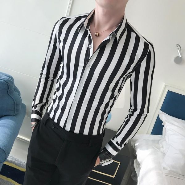 

long sleeve shirt men clothing casual fashion stripes shirt for men dress blouse male slim fit black coffee, White;black