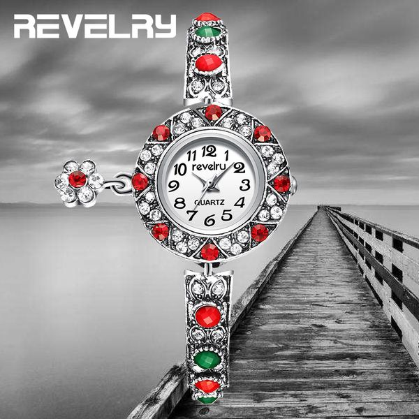 

2019 women vintage quartz watch red resin dial shining crystal antique silver bracelet watch fashion woman dress, Slivery;brown